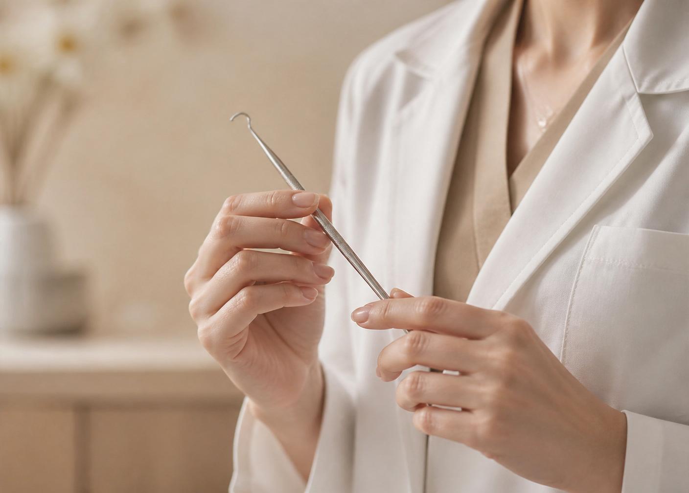 Manos de la doctora sosteniendo un instrumento médico
